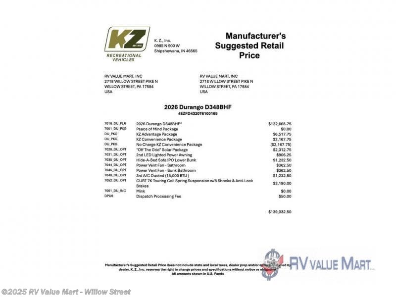 Email now about this 2026 K-Z Durango D348BHF! New 2026 K-Z Durango D348BHF available in Willow Street, Pennsylvania