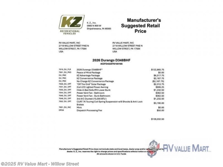 Email now about this 2026 K-Z Durango D348BHF! New 2026 K-Z Durango D348BHF available in Willow Street, Pennsylvania