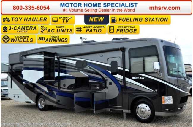 2016 Thor Motor Coach Outlaw Toy Hauler 37RB 26K Chassis, Patio, 4 TVs, Pwr Bunk &amp; 3 A/Cs