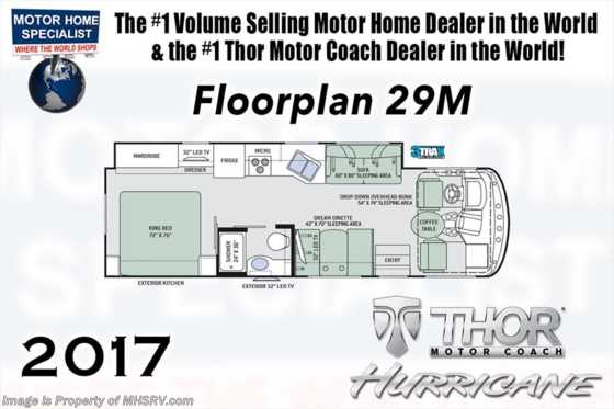 2017 Thor Motor Coach Hurricane 29M King Bed, 2nd A/C, Pwr OH Loft, 5.5KW Gen Floorplan