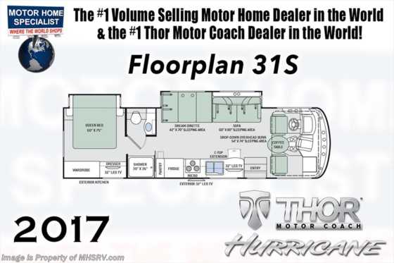2017 Thor Motor Coach Hurricane 31S W/5.5KW Gen, Jacks, 2nd A/C, Ext. Kitchen Floorplan