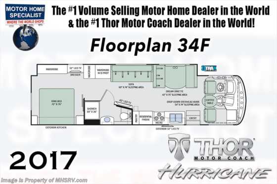2017 Thor Motor Coach Hurricane 34F W/King Bed, OH Loft, Ext Kitchen &amp; TV Floorplan