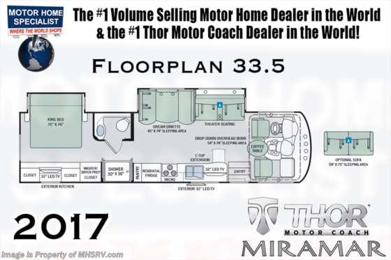 2017 Thor Motor Coach Miramar 33.5 Ext. Kitchen, Theater Seats, King Bed Floorplan