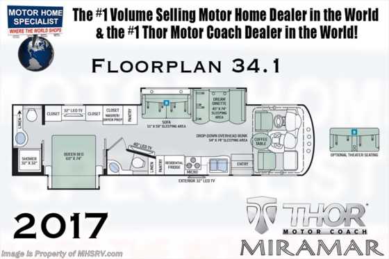2017 Thor Motor Coach Miramar 34.1 Bath &amp; 1/2, Fireplace, Theater Seats, Ext. TV Floorplan