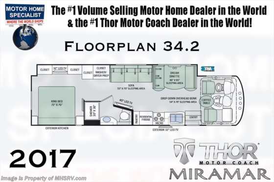 2017 Thor Motor Coach Miramar 34.2 W/Ext. Kitchen, OH Loft, King Bed Floorplan