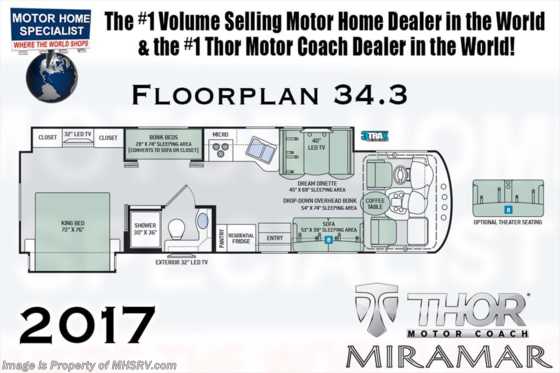 2017 Thor Motor Coach Miramar 34.3 Bunk Model W/King Bed, Theater Seats, Ext. TV Floorplan