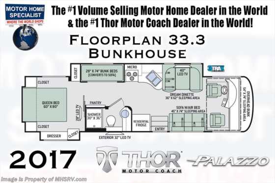 2017 Thor Motor Coach Palazzo 33.3 Diesel Pusher RV for Sale With Bunk Beds Floorplan