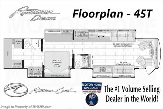 2017 American Coach American Dream 45T Bath &amp; 1/2 600HP Coach for Sale W/King Bed Floorplan