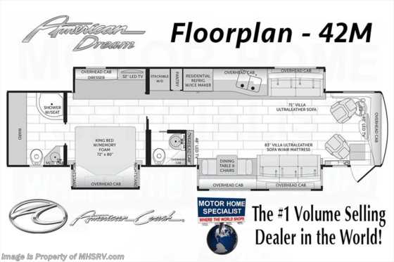 2017 American Coach American Dream 42M Bath &amp; 1/2 Luxury Coach for Sale W/King Bed Floorplan