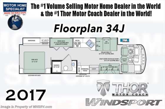 2017 Thor Motor Coach Windsport 34J Bunk House RV for Sale W/King Bed Floorplan