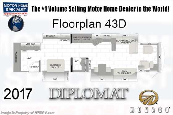 2017 Monaco RV Diplomat 43D Bath &amp; 1/2 Luxury Diesel RV for Sale at MHSRV Floorplan