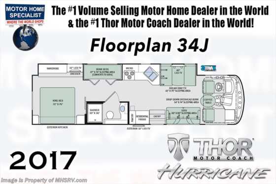 2017 Thor Motor Coach Hurricane 34J Bunk Model RV for Sale W/King Bed Floorplan
