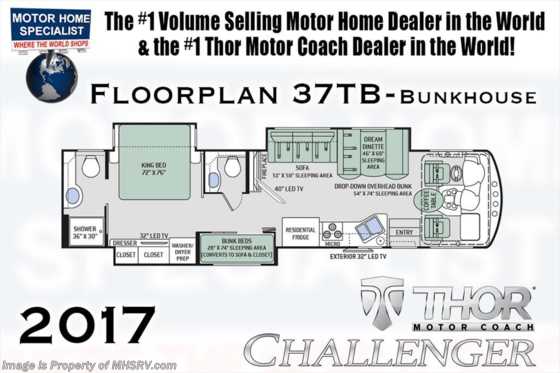 2017 Thor Motor Coach Challenger 37TB Bath &amp; 1/2 Bunk Bed RV for Sale W/King Bed Floorplan
