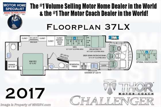 2017 Thor Motor Coach Challenger 37LX Bath &amp; 1/2 RV W/Theater Seats, King Floorplan