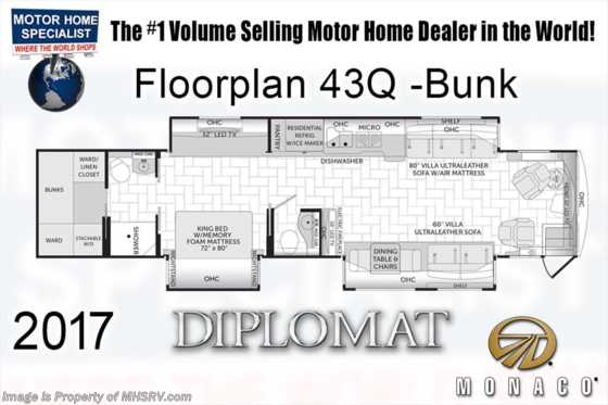 2017 Monaco RV Diplomat 43Q Bunks, Bath &amp; 1/2, IFS, UltraSteer, Aqua Hot Floorplan
