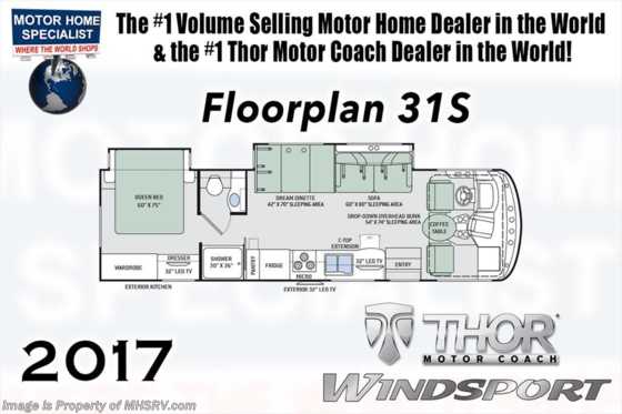 2017 Thor Motor Coach Windsport 31S W/2 A/C, 5500 Gen, Ext Kitchen &amp; TV, Pwr Loft Floorplan