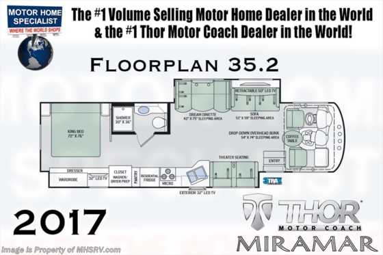 2017 Thor Motor Coach Miramar 35.2 RV for Sale W/King Bed &amp; Theater Seats Floorplan