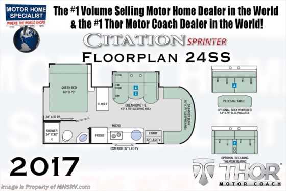 2017 Thor Motor Coach Chateau Citation Sprinter B+ Diesel RV 24SS  for Sale W/ Ext. TV, Side Cams Floorplan