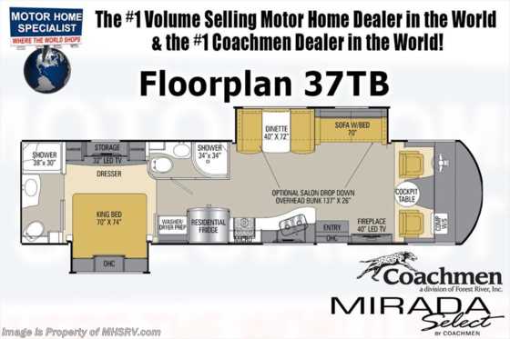 2018 Coachmen Mirada Select 37TB 2 Bath W/ King Bed Bunk House RV for Sale Floorplan
