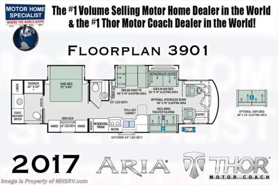 2017 Thor Motor Coach Aria 3901 Bath &amp; 1/2 RV for Sale W/360HP, Pwr Loft, W/D Floorplan