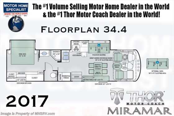 2017 Thor Motor Coach Miramar 34.4 RV for Sale W/Ext Kitchen, King, Dual Pane Floorplan