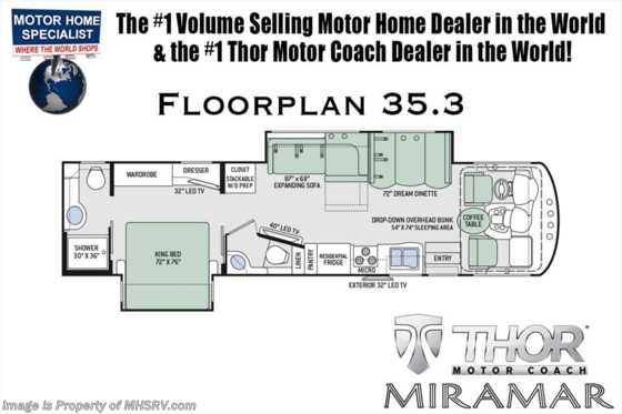 2019 Thor Motor Coach Miramar 35.3 Bath &amp; 1/2 RV for Sale W/King Bed, Fireplace Floorplan
