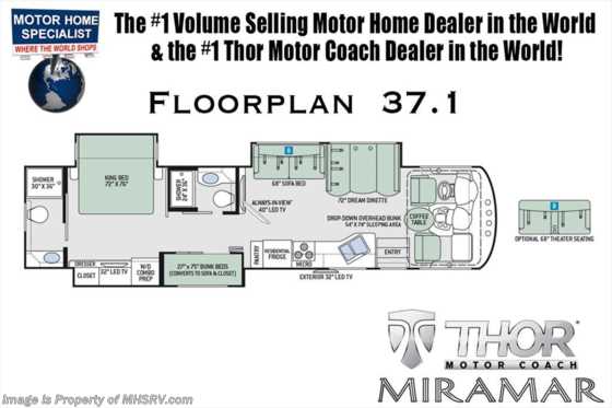 2018 Thor Motor Coach Miramar 37.1 Bunk House W/2 Full Baths &amp; Theater Seats Floorplan