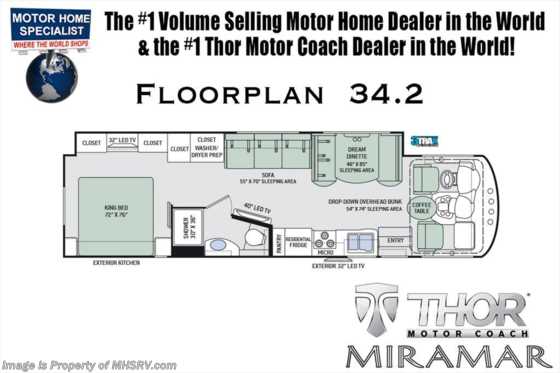 2018 Thor Motor Coach Miramar 34.2 RV for Sale at MHSRV W/FWS, King, Fireplace Floorplan