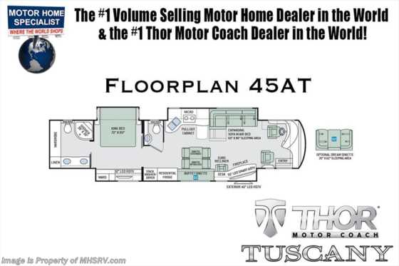 2018 Thor Motor Coach Tuscany 45AT Bath & 1/2, Dsl Aqua Hot, King Bed, 10K Gen Floorplan