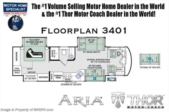 2018 Thor Motor Coach Aria 3401 Luxury RV for Sale W/360HP, King Bed &amp; W/D Floorplan