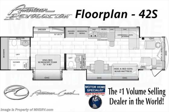 2017 American Coach American Revolution 42S Bath &amp; 1/2 Luxury RV W/Ultra &amp; Tile Shower Floorplan