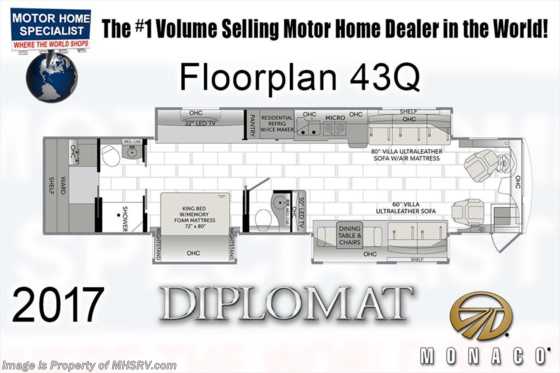 2017 Monaco RV Diplomat 43Q Bath &amp; 1/2 Luxury Diesel RV W/Tile Shower Floorplan