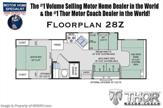 2018 Thor Motor Coach Four Winds 28Z Class C RV for Sale W/Stabilizing &amp; Ext TV Floorplan
