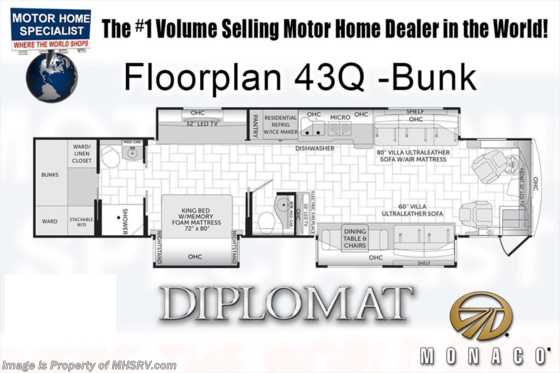 2018 Monaco RV Diplomat SE 43Q Bunk Model, Bath &amp; 1/2, Sat, King Floorplan