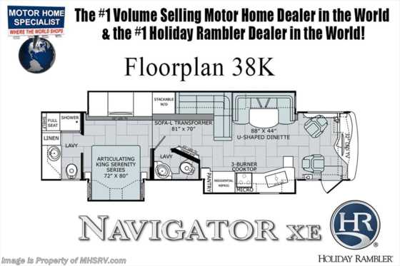 2018 Holiday Rambler Navigator 38K Bath &amp; 1/2 RV for Sale W/Sat, W/D, King Floorplan