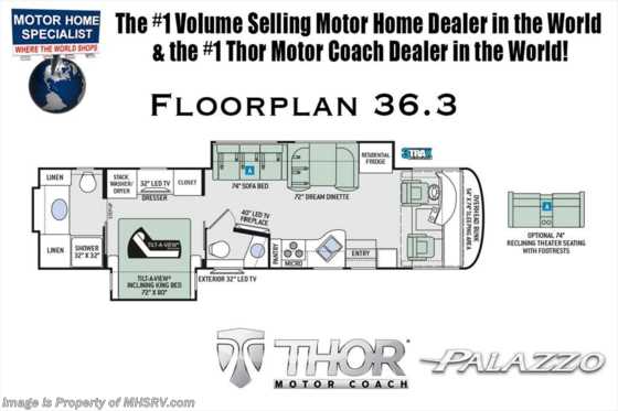 2018 Thor Motor Coach Palazzo 36.3 Bath &amp; 1/2 Diesel Pusher for Sale King Bed Floorplan