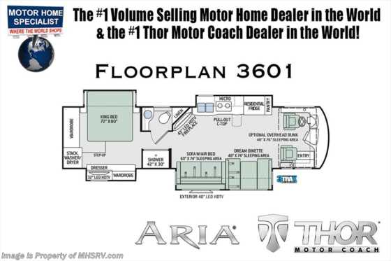 2019 Thor Motor Coach Aria 3601 Luxury RV for Sale W/360HP, King Bed &amp; W/D Floorplan