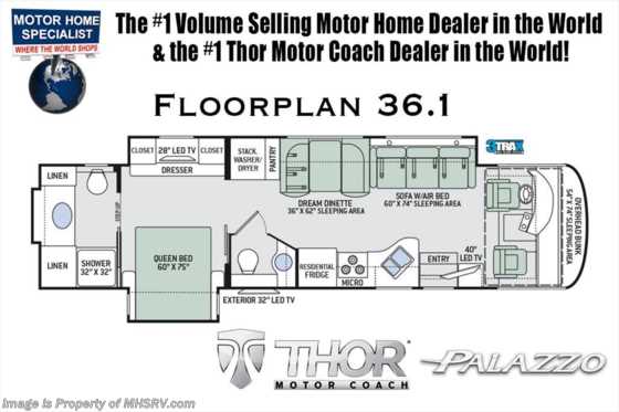 2019 Thor Motor Coach Palazzo 36.1 Diesel Pusher Bath & 1/2 for Sale W/D, 340HP Floorplan