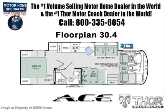 2018 Thor Motor Coach A.C.E. 30.4 ACE for Sale W/5.5KW Gen, 2 A/Cs, Ext TV Floorplan