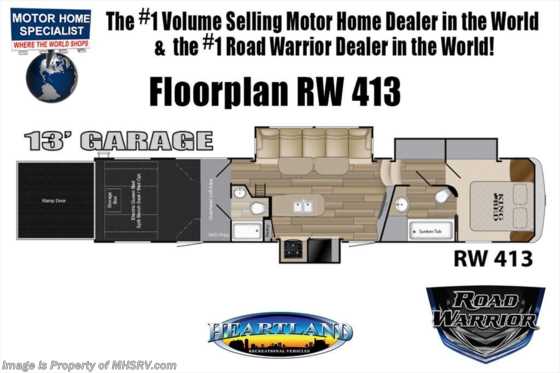 2018 Heartland RV Road Warrior RW413 W/ Ext TV, Dual Pane, Arctic, 3 A/Cs Floorplan