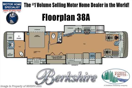2018 Forest River Berkshire 38A Bath &amp; 1/2, Bunk Model, Stack W/D, 360HP Floorplan