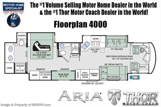 2018 Thor Motor Coach Aria 4000 Bunk Model Luxury RV W/ 2 Full Baths, King Floorplan