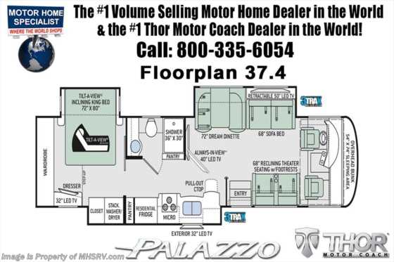 2019 Thor Motor Coach Palazzo 37.4 RV for Sale W/ Theater Seats, King Bed Floorplan