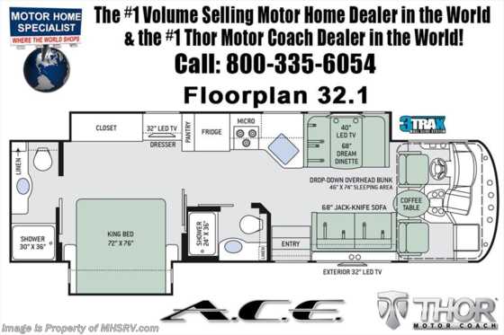 2018 Thor Motor Coach A.C.E. 32.1 ACE 2 Full Baths W/Ext TV, 2 A/C, 5.5KW Gen Floorplan