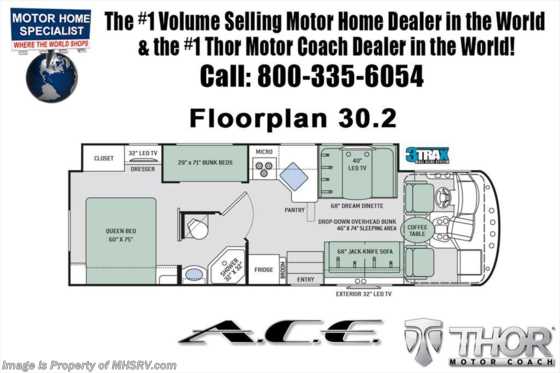 2018 Thor Motor Coach A.C.E. 30.2 ACE Bunk House for Sale W/5.5KW Gen &amp; 2 A/C Floorplan
