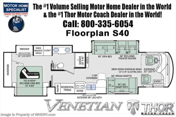 2019 Thor Motor Coach Venetian S40 Luxury RV for Sale W/Theater Seats & King Bed Floorplan