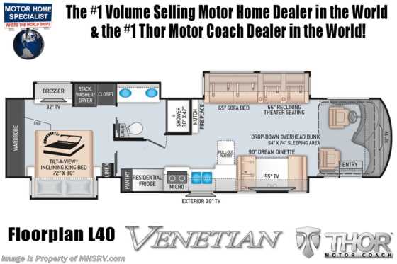 2020 Thor Motor Coach Venetian L40 Luxury RV for Sale W/Theater Seats &amp; King Bed Floorplan