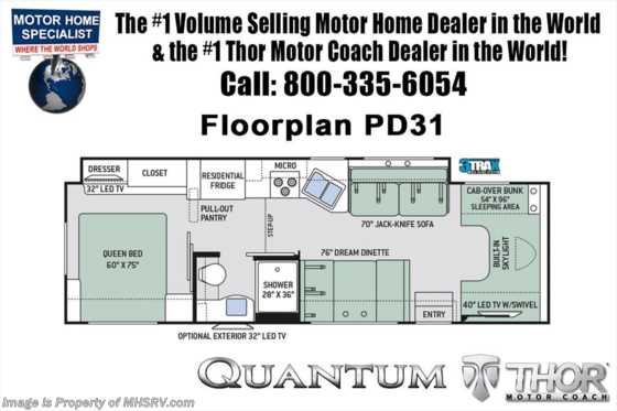 2018 Thor Motor Coach Quantum PD31 for Sale @ MHSRV W/ Jacks, Ext. TV Floorplan
