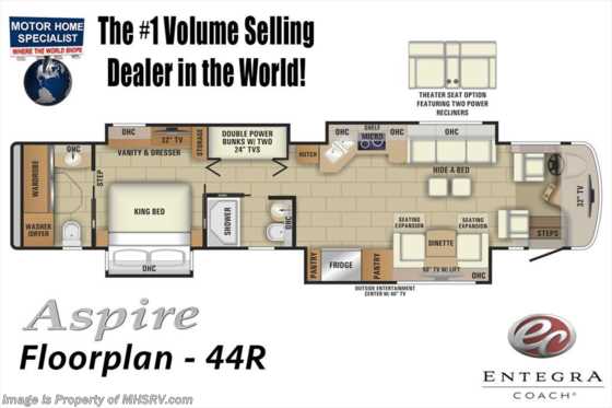 2019 Entegra Coach Aspire 44R Bath & 1/2, Bunk Model Luxury RV W/ Solar Floorplan