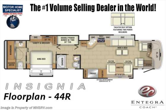 2019 Entegra Coach Insignia 44R Bath & 1/2 Bunk Model RV W/WiFi, OH TV Floorplan